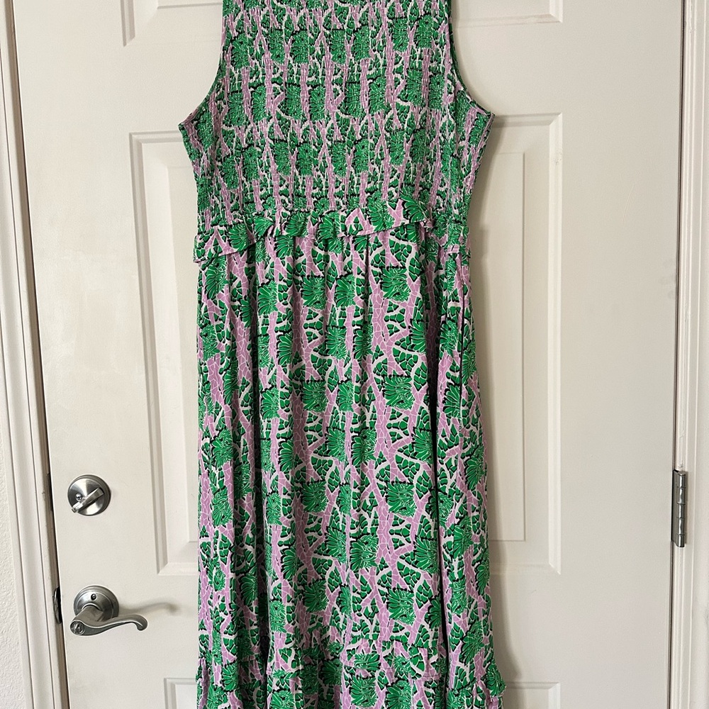 Green & Lavender Print Sleeveless Boho Maxi Dress Pockets Melloday Shirred Bust